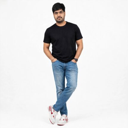 Premium Black Round Neck T-Shirt – 100% Cotton, Bio-Washed, 190 GSM | Best Seller (DR-C01-RN-Black-TS)